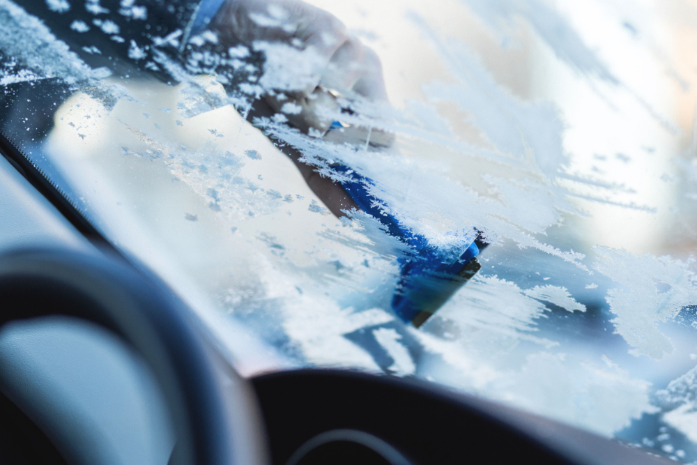 Hand scraping ice off a car windshield during a cold winter morning